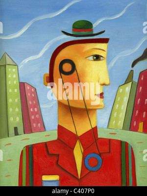 Abbildung eines Mannes mit Zahnrädern auf seinem Körper Stockfoto