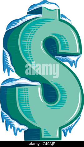 Beispiel für ein grünes Dollarzeichen mit Eis drauf Stockfoto