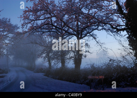 -Schnee in Tadley, Hampshire. Vereinigtes Königreich. Fotos während der verschiedenen Zeiten des Tages, zeigt die ländliche Landschaft. Stockfoto