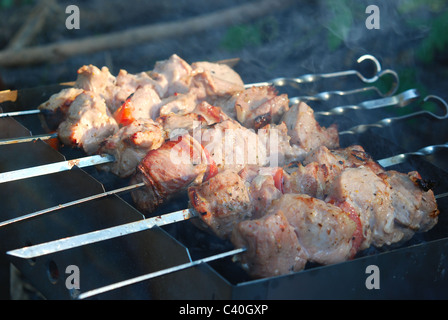 Saftige Fleischscheiben zubereiten auf Feuer Stockfoto