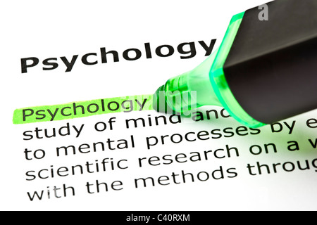 Das Wort Filzstift "Psychologie" markiert in grün mit Spitze Stockfoto