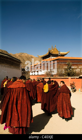 Gelbe Hüte, Gelug-Pa, tibetische Mönche während einer Zeremonie im Kloster Labrang in Xiahe. Stockfoto