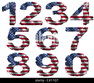 Grunge amerikanische Flagge Zahlen auf weißen Illustration isoliert Stockfoto