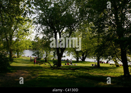 Zeigen Sie zu Bootfahren Teich von Highgate Teiche, Hampstead Heath, Highgate, London, UK an Stockfoto