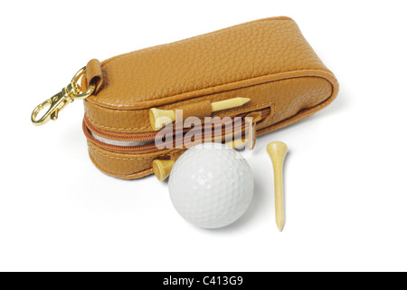 Golf, Ball, t-Stücke und Mini Tasche auf weißem Hintergrund Stockfoto