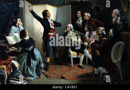 Geographie / Reisen, Frankreich, Revolution 1789 - 1799, Claude Roger de Lisle singt die "Marseillaise" im Haus von Bürgermeister Dietrich, Strassbourg, 28.4.1792, Farbdruck nach Malerei von Isidore Pils, 1848, , Zusatzrechte-Clearences-nicht vorhanden Stockfoto