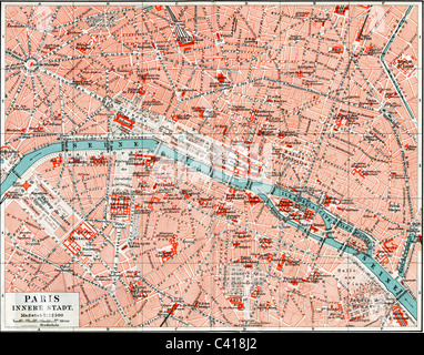 Kartographie, Stadtpläne, Paris, Frankreich, Innenstadt, Farblithographie, Meyers Konversationslexikon, 1896, Additional-Rights-Clearences-not available Stockfoto