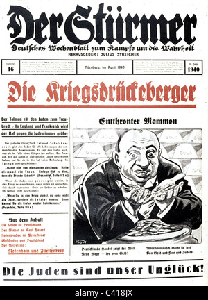 Nationalsozialismus, Propaganda, Presse / Medien, 'der Stuermer', Nr. 16, April 1940, Titelseite, 'die Kriegsquitter', Karikatur, 'entthronter Mammon', von FIPS, Zusatzrechte-Clearenzen-nicht vorhanden Stockfoto