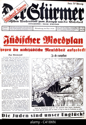 Nationalsozialismus / Nationalsozialismus, antisemitische Propaganda, Presse, 'der Stuermer', Sonderausgabe Nr. 1, Nürnberg, Mai 1934, Überschrift: 'Jüdische Mordkomplotte gegen die nichtjüdische Menschheit aufgedeckt', Illustration: 'Opfer der Juden', Zusatzrechte-Clearences-nicht vorhanden Stockfoto