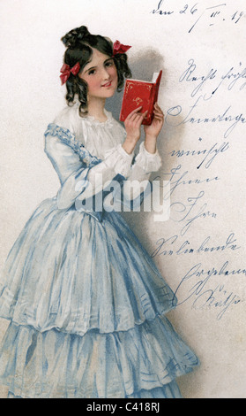 Kitsch / Souvenir, Postkarte, Mädchenlesebuch, Postkarte, um 1900, Zusatz-Rechte-Clearences-nicht vorhanden Stockfoto