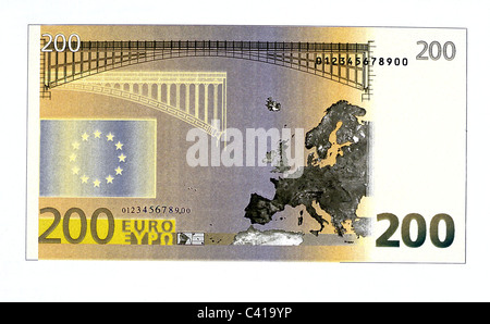 Geld, Banknoten, Euro, 200 Euro-Schein, Rückseite, Banknote, Geldschein, Rechnung, Banknoten, Banknote, Geldschein, Rechnung, Banknoten, Eu Stockfoto