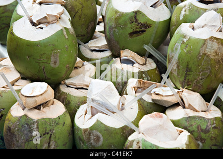 Kokosmilch Nahaufnahme der Kokosnuss Früchte mit weißem Fleisch mit Strohhalmen trinken in Chiatown Republik Singapur Stockfoto