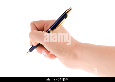 Stift in die weibliche Hand isoliert auf weißem Hintergrund Stockfoto