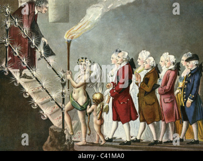 Personen, Heirat, Fest, Ankunft der frisch vermählung, farbige Radierung von Daniel Chodowiecki, Serie aus dem Leben der französischen Kolonie in Berlin, 18. Jahrhundert, Zusatzrechte-Clearences-nicht vorhanden Stockfoto