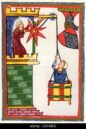 Kristan von Hamle, ca. 1200, deutscher Minnesänger, Szene, in einem Korb sitzend, wird Hamle von einer Dame mit einer Riemenscheibe auf ihren Turm gezogen, Beleuchtung aus dem Kodex Manesse, 14. Jahrhundert, Stockfoto