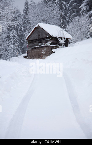 Reifenspuren Sie vor Haus auf dem Hügel in winterlicher Landschaft Stockfoto