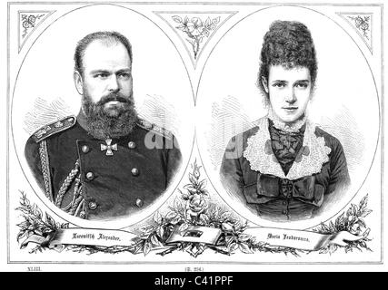 Alexander III. Alexandrowitsch, 10.3.218 - 1.11.1894, Kaiser von Russland, 1881 - 1894, Porträt, mit seiner Frau Maria Feodorowna (Dagmar von Dänemark), Holzgravur, Ende des 19. Jahrhunderts, Stockfoto