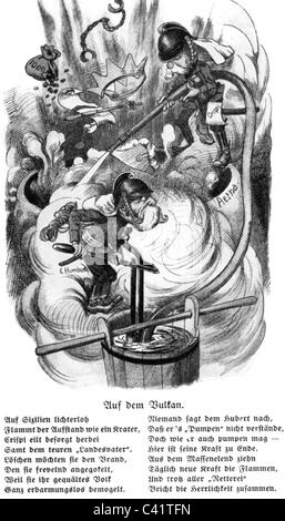 Umberto I, 14.3.1844 - 29.7.1900, König von Italien 9.1.1878 - 29.7.1900, Karikatur, mit Premierminister Francesco Crispi als Feuerwehrmann, "Auf dem Vulkan", Holzgravur "Suedduetscher Postillon", 1894, Stockfoto