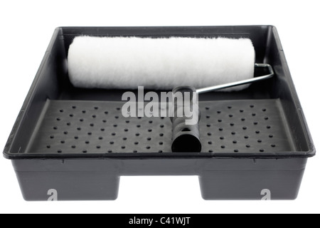 Schwarzer Kunststoff Farbe Tablett und Emulsion Farbroller Stockfoto