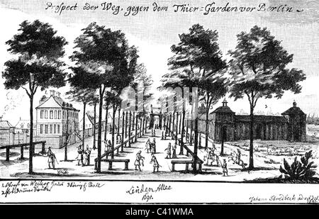 Geographie/Reisen, Deutschland, Berlin, Straße, Linden-Allee (Unter den Linden), Aussicht, Kupferstich von Johann Stridbeck, 1691, Beschriftung 1701, Brandenburger Tor, Bäume, Limes, Linde, Gasse, Mitteleuropa, 17. Jahrhundert, historische, historische, Personen, Artist's Urheberrecht nicht geklärt zu werden. Stockfoto