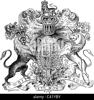 Buchillustration des 19. Jahrhunderts, 9. Ausgabe der Encyclopaedia Britannica, Coat Of Arms Of Great Britain (1875) entnommen Stockfoto