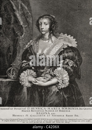 Henrietta Maria, 26.11.1609 - 31.8.1669, Königin von England und Schottland 11.5.1625 - 30.1.1649, halbe Länge, Kupferstich von Petrus de Jode, Jahrhundert, Artist's Urheberrecht nicht gelöscht werden Stockfoto