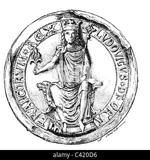 Ludwig VIII. "Der Löwe", 5.9.1187 - 8.11.1226, König von Frankreich 14.7.1223 - 8.11.1226, volle Länge, Siegel, Holzgravur, 19. Jahrhundert, Stockfoto