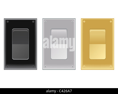 Eingestellt von on/off Schalter in schwarz, Silber-Chrom und Gold metallic Messing Lampen Stockfoto