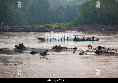 Peru, Boca Manu Manu Nationalpark, UNESCO-Weltkulturerbe, Fluss Rio Madre de Dios. Boot Transport von Touristen. Stockfoto