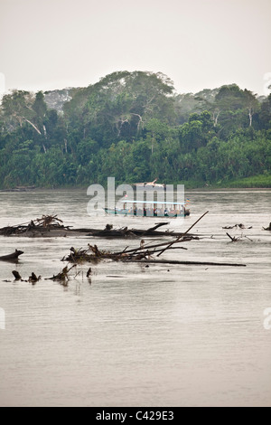 Peru, Boca Manu Manu Nationalpark, UNESCO-Weltkulturerbe, Fluss Rio Madre de Dios. Boot Transport von Touristen. Stockfoto