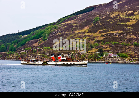 Paddel-Dampfer Waverley verläuft durch die Kyle Rhea Narrows in Kylerhea auf ihrem Weg nach Oban von Kyle of Lochalsh Stockfoto