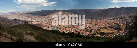 Cusco, Peru, Cuzco, Panorama Blick vom Aussichtspunkt Cristo Blanco. UNESCO-Weltkulturerbe. Stockfoto