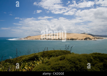 Blick nach Norden von Omapere an den riesigen Dünen am Eingang nach Hokianga Harbour, Far North, Nordinsel, Neuseeland Stockfoto