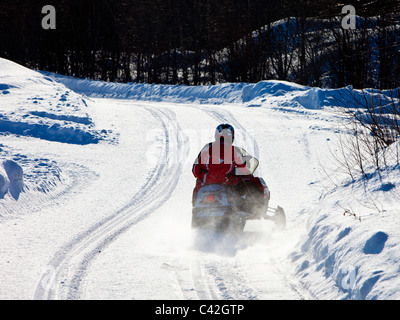 Fahren mit Motorschlitten auf Forststraße Finnland Stockfoto