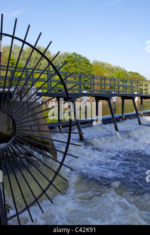 Das Wehr in Teddington in der Themse zeigt die Gezeitengewässer mit Bäumen im Hintergrund an einem sonnigen Nachmittag Stockfoto