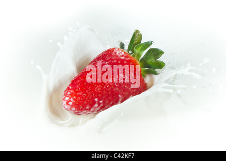 köstliche frische Erdbeere fallen in Spritzen Milch Stockfoto