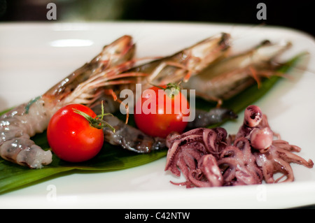 Rohe Garnelen mit Tomaten und Tintenfisch isoliert auf Platte Stockfoto