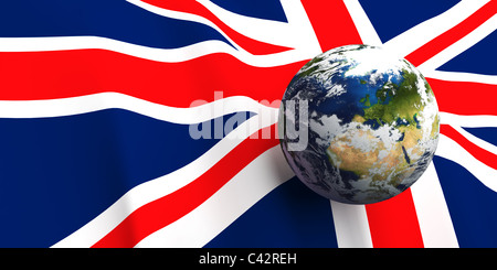 Großbritannien Flagge Hintergrund, Erde im Vordergrund zeigt Land von England durch Wolkenabdeckung Stockfoto