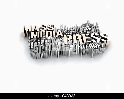 Massenmedien drücken Sie 3d-konzepte Collage auf weißem Hintergrund Stockfoto