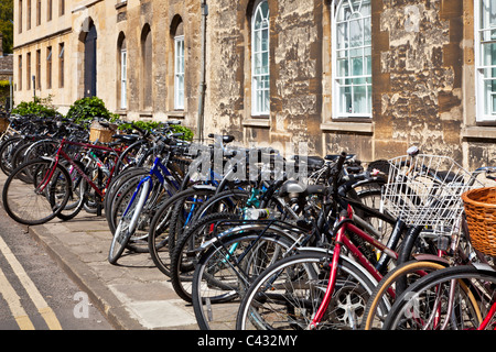 Fahrräder gegen eine Wand in Parks Road, Oxford, Oxfordshire, England, UK, Großbritannien Stockfoto