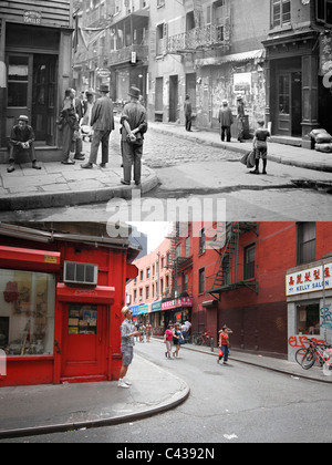 Pell und Doyers Street, Chinatown New York City - damals und heute - Bild oben um 1900, unten Bild Mai 2011 Stockfoto