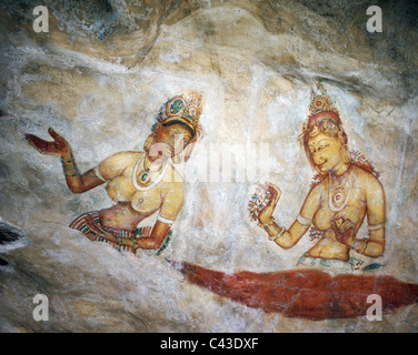 Antike, Cultural, Fresken, Erbe, Urlaub, Wahrzeichen, Jungfrauen, Gemälde, Sigiriya, Sri Lanka, Asien, Tourismus, Travel, Triang Stockfoto