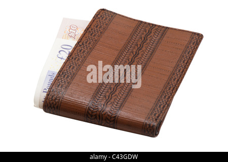 Brieftasche mit UK Banknoten - zehn und zwanzig Pfund in weißem Hintergrund Stockfoto