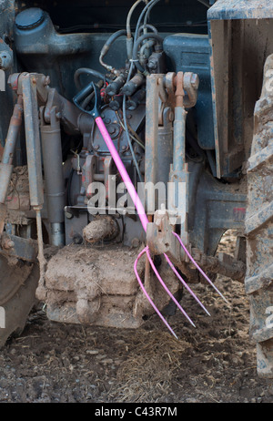 Eine rosa Heugabel sitzt auf der Rückseite eines Traktors Massey Ferguson Stockfoto