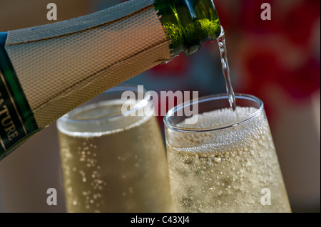 Champagner gießen gekühlte Gläser mit Blasen Champagner auf sonnenbeschienenen Terrasse mit bunten Bougainvillea Blumen und Pool im Hintergrund Stockfoto