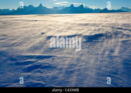 Blasten Fronalpstock, Schweiz, Europa, Kanton Schwyz, Berge, Aussichtspunkt, Winter, Schnee, Wind, Wind, Licht des Morgens Stockfoto