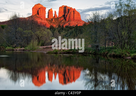 Abendlicht taucht Cathedral Rock widerspiegelt in Oak Creek in Sedona, Arizona. Stockfoto