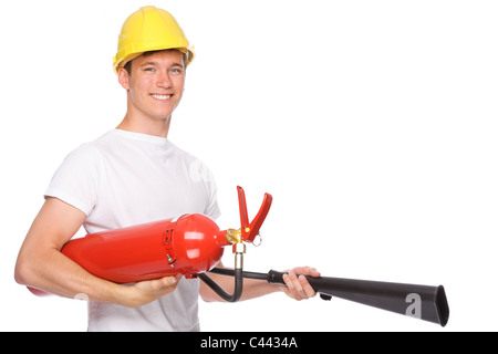 Voll isolierte Studio Bild von einem jungen Mann mit Feuerlöscher Stockfoto