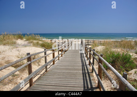 Holzsteg zum Strand, Monte Gordo, Vila Real de Santo António Gemeinde, Region Distrikt Faro, Algarve, Portugal Stockfoto