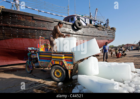 Mann entladen große Eisblöcke verwendet, um die Fische an Bord einfrieren. Vanakbara Hafen. Diu. Indien Stockfoto